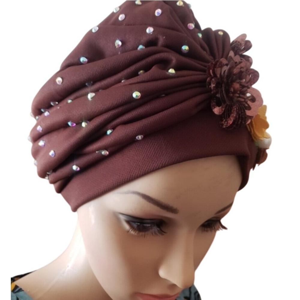 Elegant Brown Turban Headwrap Embellished with Rhinestones and Flowers for Women - Picture 2 of 8